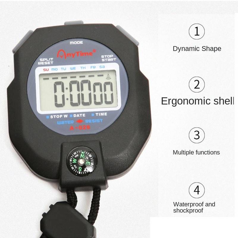 Digitálny budík, 1, 100-sekundový časovač, klasický vodotesný s kompasom, stopky so šnúrkou, športové stopky
