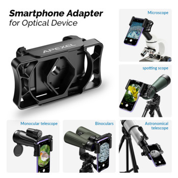 APEXEL Универсален телефонен адаптер за монокъл, бинокъл, щипка за държач за мобилен телефон за смартфони, диаметър на окуляра от 23 до 50 mm