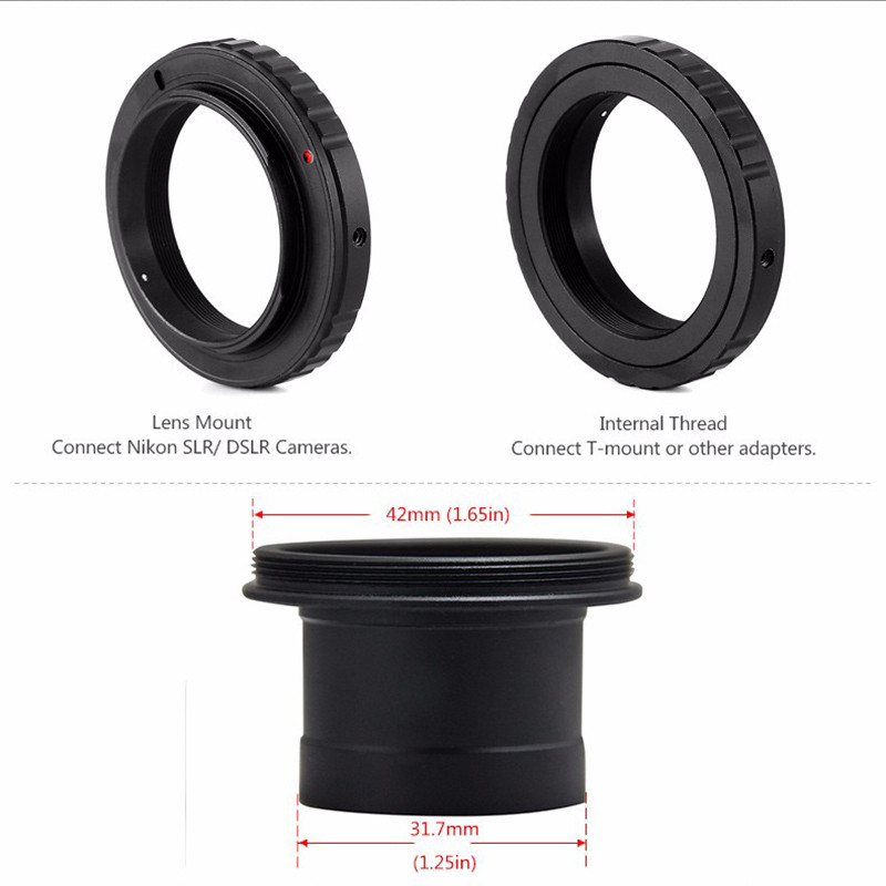 1,25 colio T tipo metalinio teleskopo adapteris ir Canon EOS Nikon Sony SLR/DSLR fotoaparatai T formos žiedo astronominio teleskopo fotografija