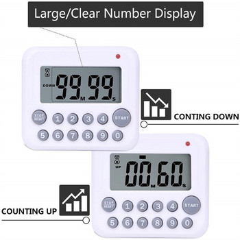Цифров кухненски таймер за обратно броене 99 минутен голям LCD дисплей Силна аларма Таймер за готвене Стойка/кука/магнитна подложка