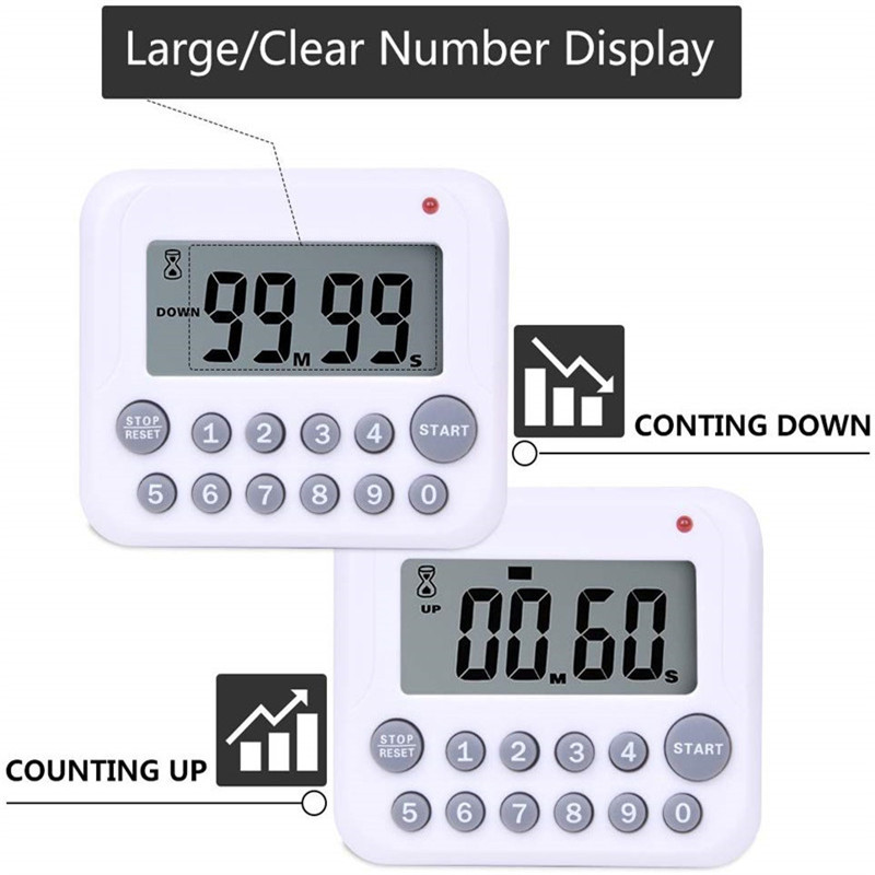 Digitalno odbrojavanje Kuhinjski mjerač vremena 99 minuta, veliki LCD zaslon, glasni alarm, mjerač vremena za kuhanje, stalak / kuka / magnetska podloga