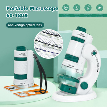 Детски комплект играчки за научен микроскоп 60-180x Образователен мини джобен ръчен микроскоп с LED светлина Външна детска играчка със стебло