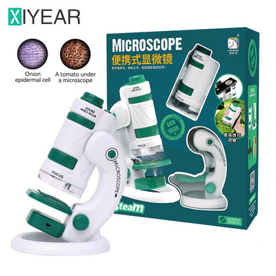 Kids Science mikroszkóp játékkészlet 60-180x oktatási mini zsebes kézi mikroszkóp LED fénnyel, kültéri gyermek szárú játék
