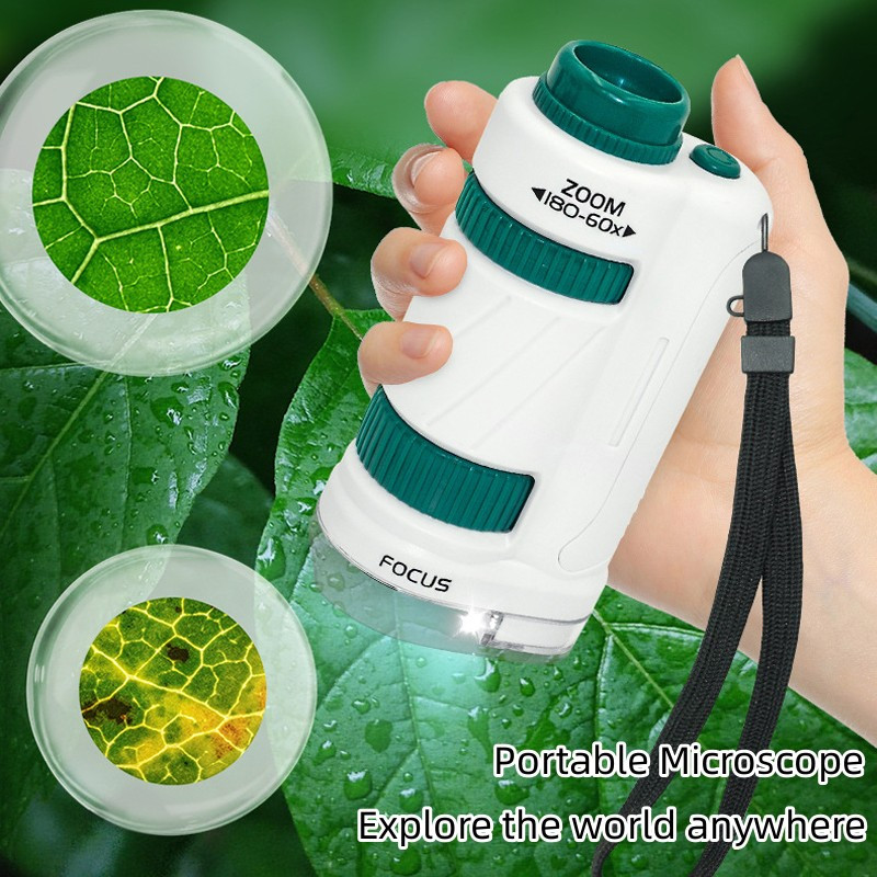 Lastele mõeldud teadusmikroskoobi mänguasjakomplekt 60–180x hariv mini-taskumikroskoop LED-valgustusega välitingimustes laste varrega mänguasi