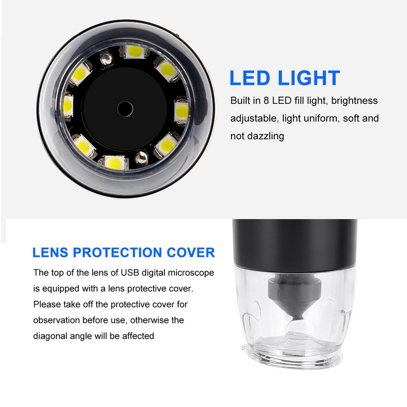 1600X profesionalus USB skaitmeninis mikroskopas, 8 šviesos diodai, 2 MP elektroninis mikroskopas