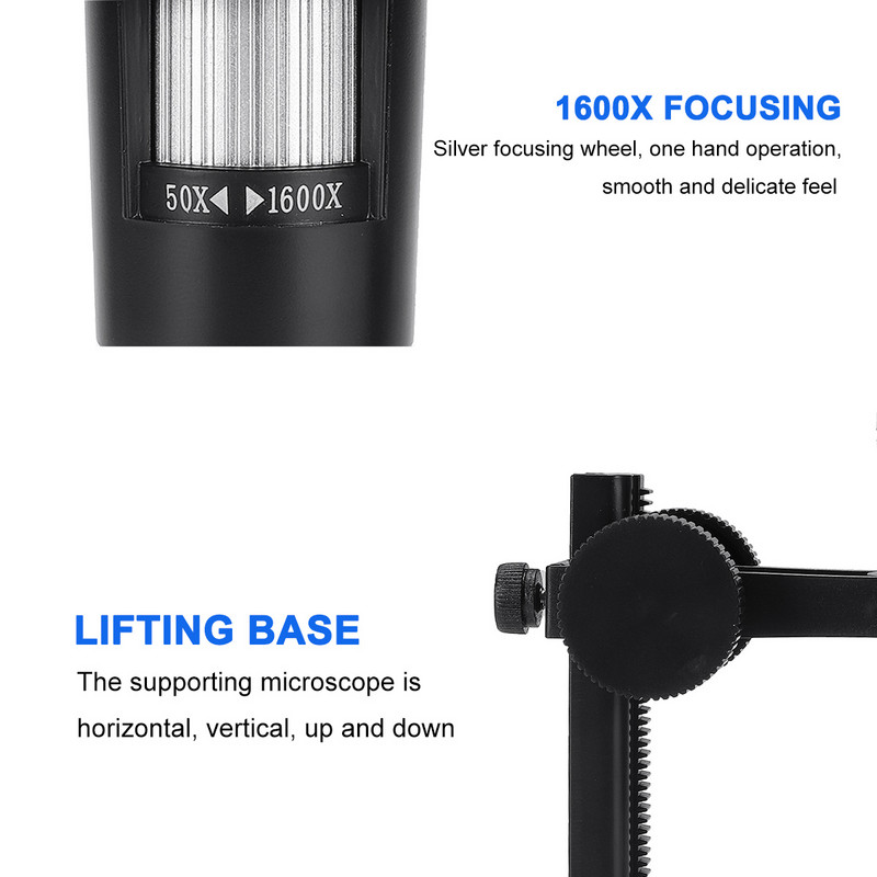 1600X profesionalus USB skaitmeninis mikroskopas, 8 šviesos diodai, 2 MP elektroninis mikroskopas