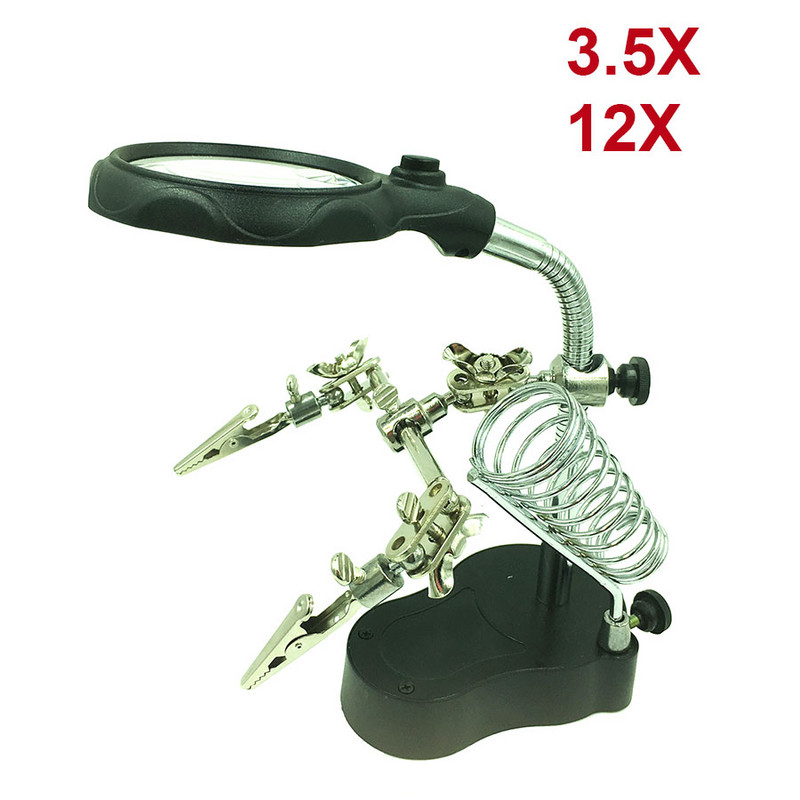 Stojan na spájkovaciu stanicu so zváracou lupou, svorkou na zváranie, pomocnou stolovou lupou, nástrojom na opravu spájkovania.