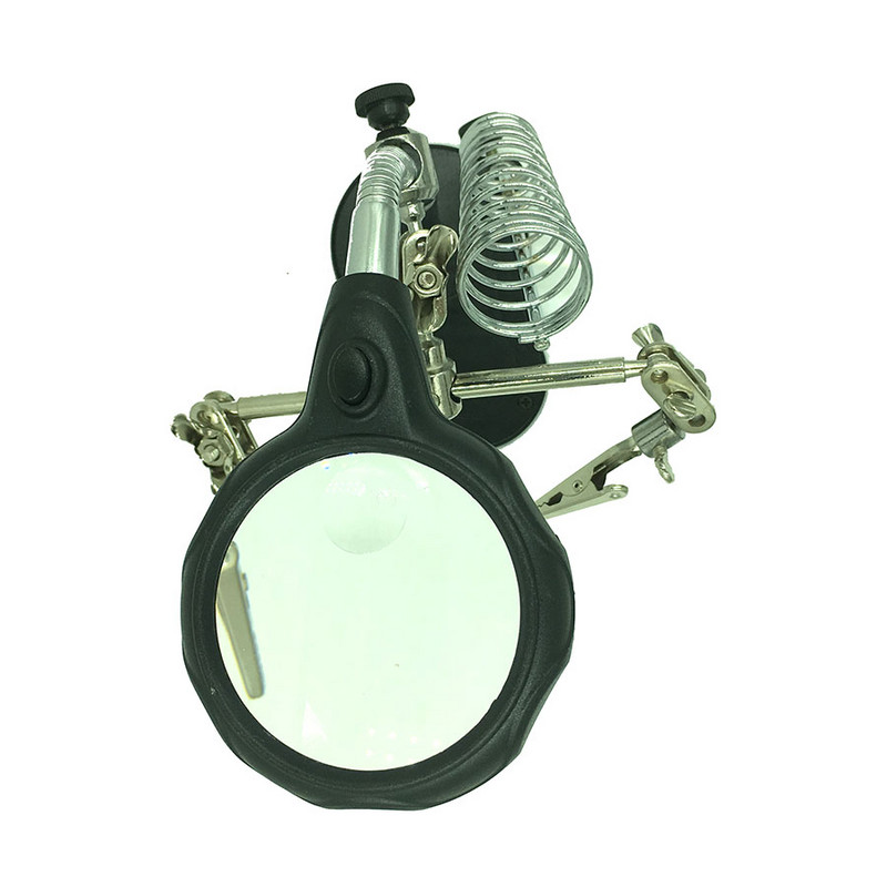 Stojan na spájkovaciu stanicu so zváracou lupou, svorkou na zváranie, pomocnou stolovou lupou, nástrojom na opravu spájkovania.