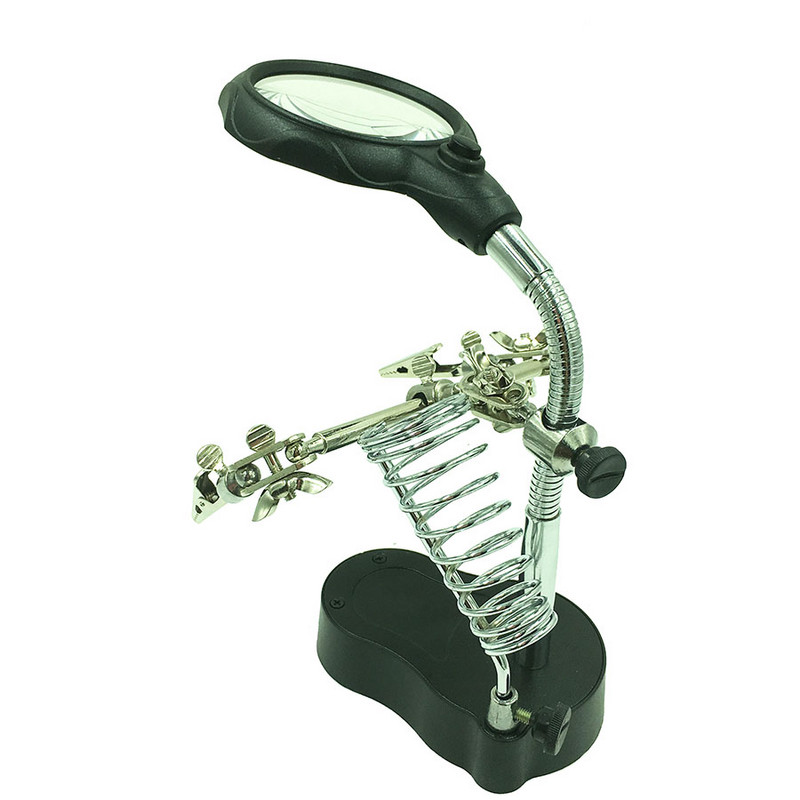 Stojan na spájkovaciu stanicu so zváracou lupou, svorkou na zváranie, pomocnou stolovou lupou, nástrojom na opravu spájkovania.