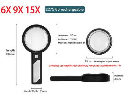 Apgaismots palielināmais stikls 5X 10X 15X rokas palielināms ar 8 LED gaismām, optiskā lēca apgaismots palielināms lasīšanas remontam