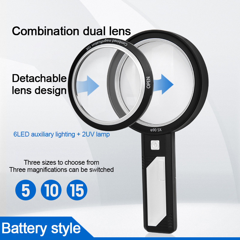 Apgaismots palielināmais stikls 5X 10X 15X rokas palielināms ar 8 LED gaismām, optiskā lēca apgaismots palielināms lasīšanas remontam