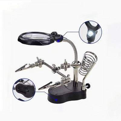 Forrasztópáka Állvány Hegesztő Nagyító Csíptető LED Fény Asztali Nagyító Harmadik kézi Forrasztó Javító Szerszám