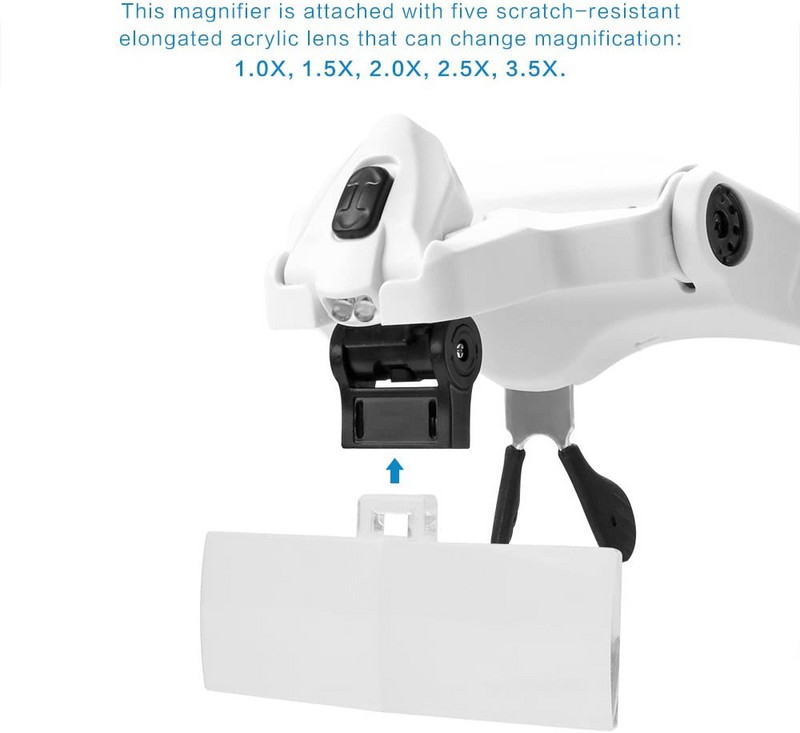 1,0x 1,5x 2,0x 2,5x 3,5x reguliuojamas 5 lęšių lupų LED šviesos galvos juostos didinamasis stiklas LED didinamieji stiklai su lempa