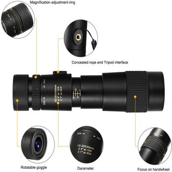 10-30x40 Zoom Monocular With Bak4 Prism Dual Focus High Power Compact αδιάβροχο τηλεσκόπιο Κατάλληλο για ενήλικες για πεζοπορία, κυνήγι, κάμπινγκ