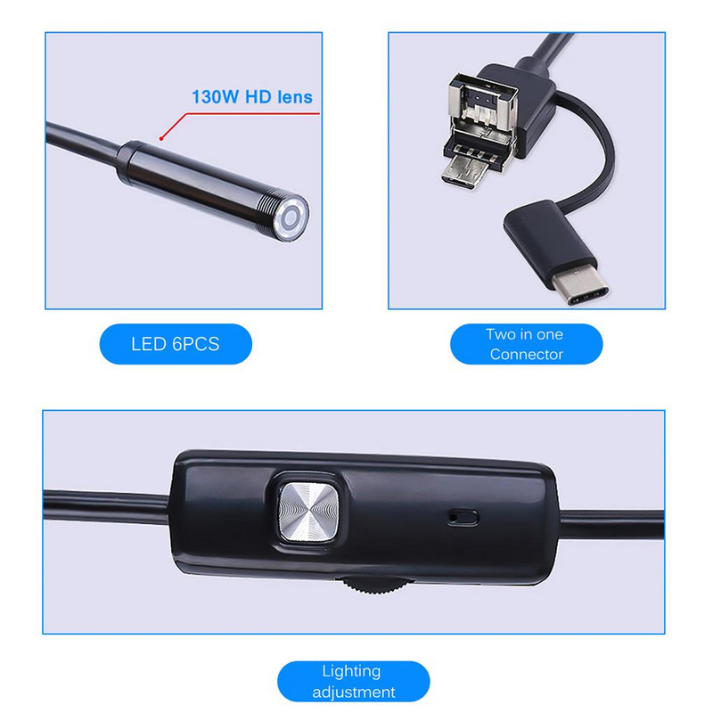 3 viename endoskopas IP67 8 mm zondo boreskopas, didelės skiriamosios gebos reguliuojamas mini endoskopo tikrinimo kamera planšetiniam kompiuteriui