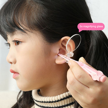 Комплект за почистване на уши за отстраняване на ушна кал с LED светлина и 2 сменяеми глави Лъжица за уши Пинсети Инструменти за премахване на ушна кал за деца