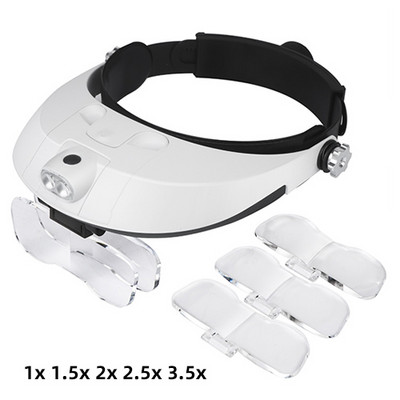 Galvas stīpas palielinātājs Daudzfunkcionāls izgaismots palielinātājs palielināmais stikls 1X 1,5X 2X 2,5X 3,5X galvas lupas lupas labošanas rīks