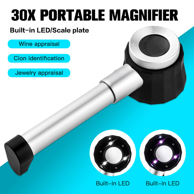 30-násobná ručná osvetlená lupa s lupou a UV svetlom, dermatoskop, optická lupa s jasným videním