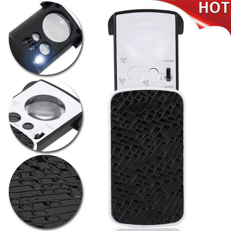 Zväčšovacia lupa s akrylovými optickými šošovkami, vrecká na klenotnícke oko, sklenená lupa s LED a UV svetlom na čítanie oceňovania šperkov