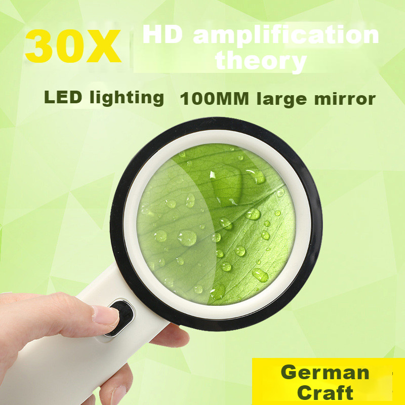 30X skaitymo didinamasis aukščiausios klasės didinamasis stiklas su LED šviesa, nešiojamasis šviečiantis didintuvas papuošalų lupa 12 LED Lupa monoklis