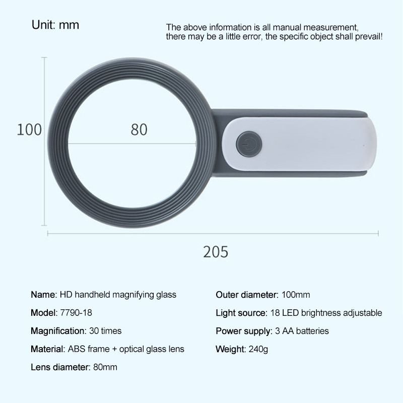 Apgaismots palielināms stikls-30X Rokā turamas lielas lasīšanas lupas ar 18 LED apgaismotu gaismu senioriem, remonts, monētas