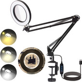 Paindlik klambriga laualamp 5-kordse suurendusklaasist pöördvarrega, hämardatava valgustusega suurendus-LED-dega lauavalgusti 3 värvirežiimiga lamp