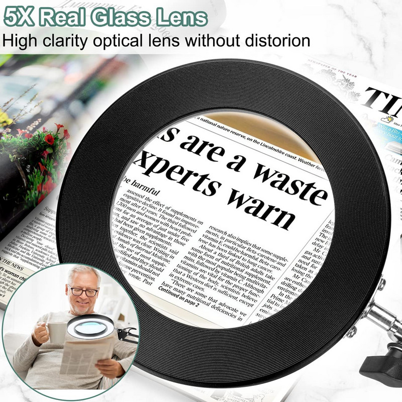 Paindlik klambriga laualamp 5-kordse suurendusklaasist pöördvarrega, hämardatava valgustusega suurendus-LED-dega lauavalgusti 3 värvirežiimiga lamp