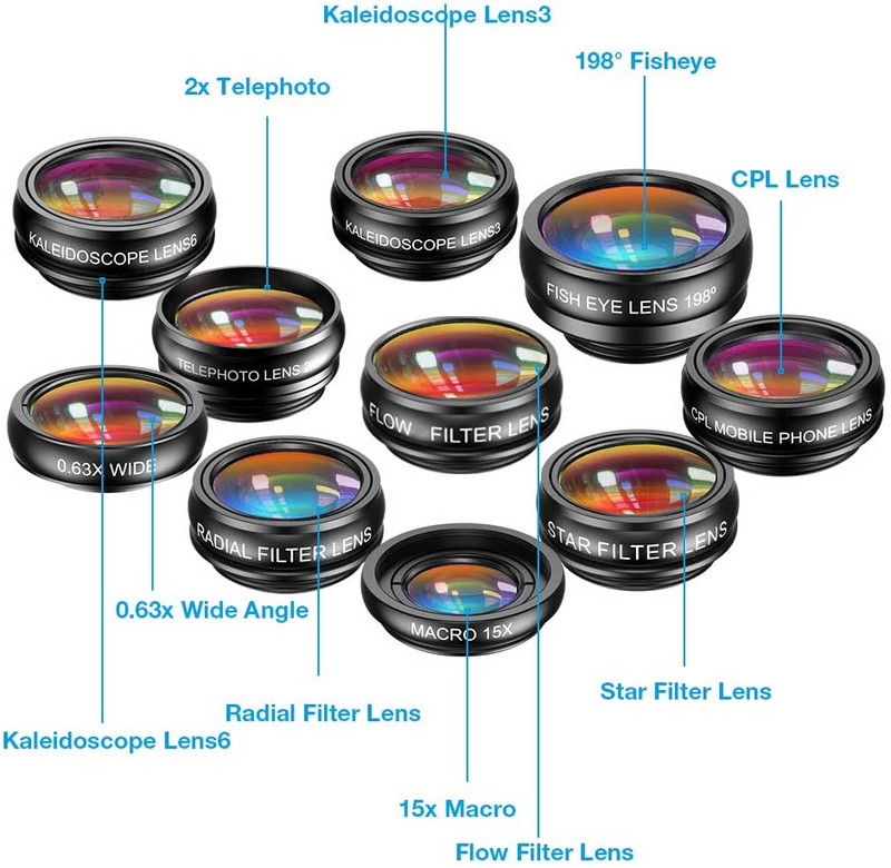 APEXEL 10 v 1 sada objektívov pre mobilné telefóny, širokouhlý ďalekohľad s efektom rybieho oka, makro objektív pre iPhone, Samsung, Huawei a všetky smartfóny