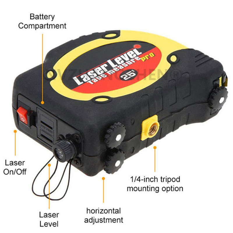 3 viename lazerinio lygio infraraudonųjų spindulių linijiniai lazeriai su 7,5 m matavimo juostos horizontu vertikalios lygintuvo burbuliukų liniuote, skirta „pasidaryk pats“ dekoravimo įrankiams