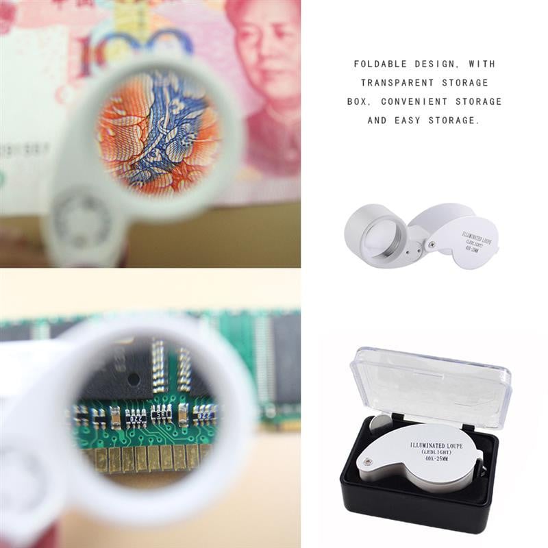 40X juvelyrų lupų sulankstomas didintuvas su LED šviesa Nešiojamas sulankstomas didinamasis stiklas, apšviestas didinamasis stiklas, monetų papuošalai