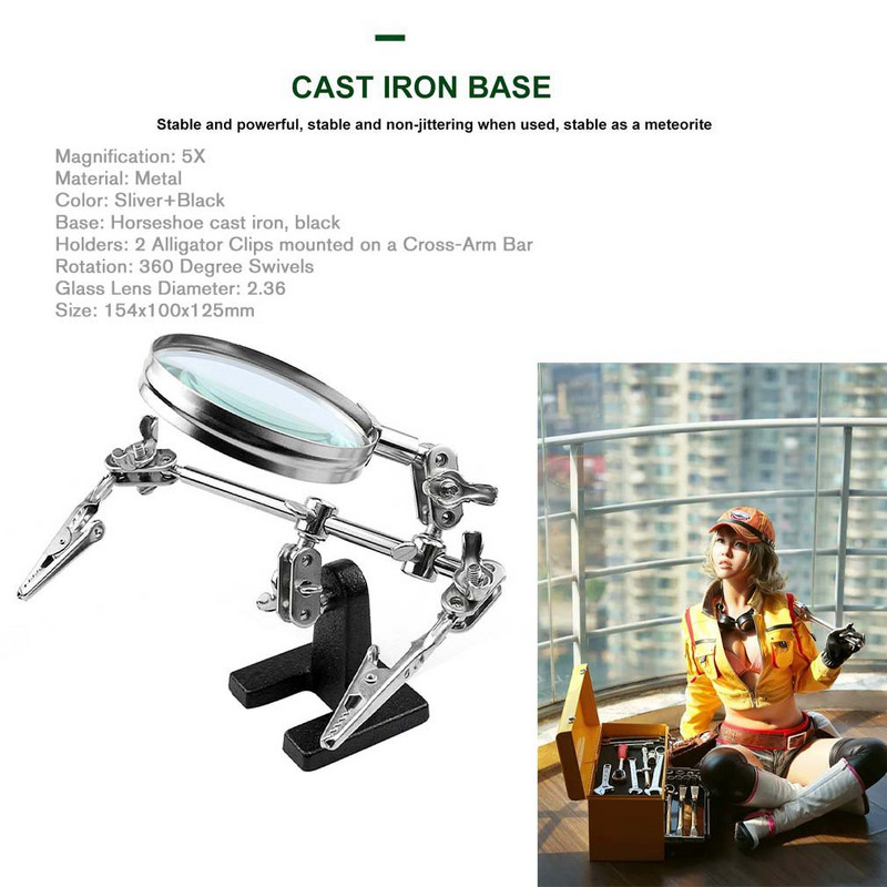 Abistav kolmanda käsitööriista jootmisalus 5-kordse keevitusklaasiga, 2 alligaatoriklambriga, 360 kraadi pööratav reguleeritav