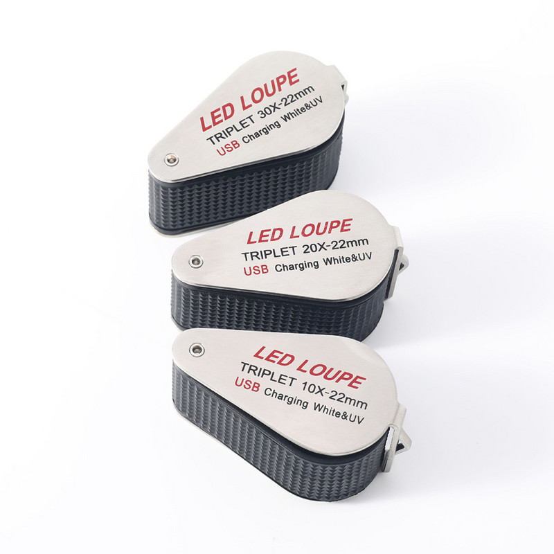 10/20/30X lupa so 6 LED UV svetlom, diamantová lupa na šperky, skladacia lupa, 22 mm trojitá šošovka, optické sklo