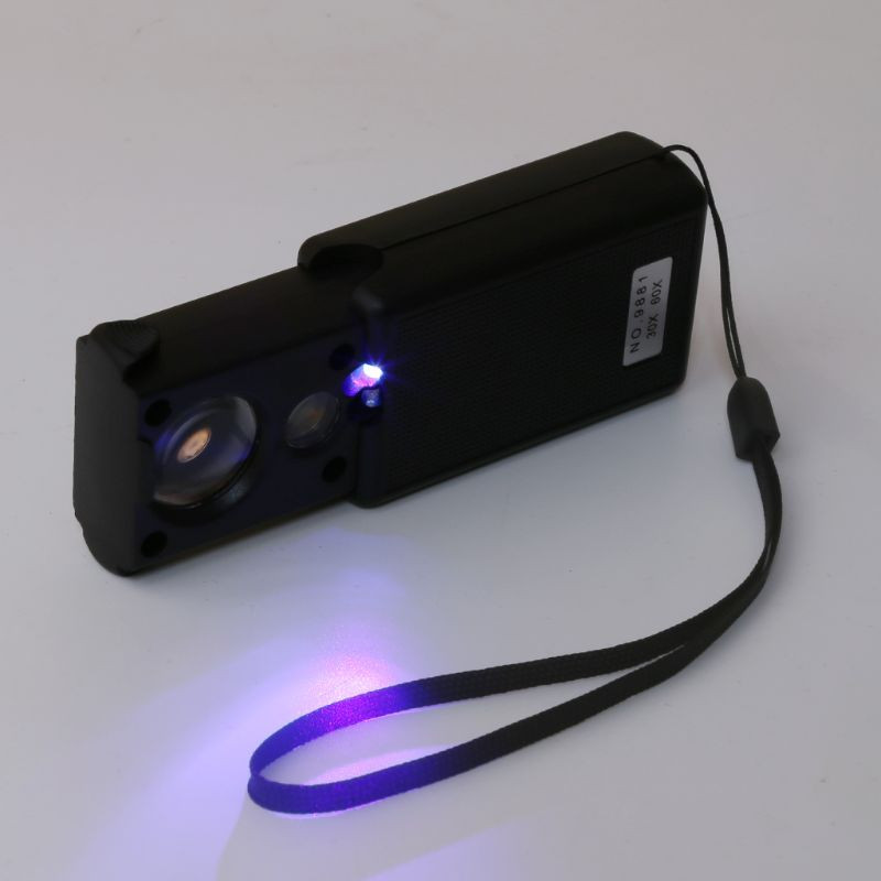 Nagyító 30X 60X 90X Nagyító Ékszer Értékelő Olvasás Nagy nagyítású Lencse Nagyító Valuta detektor LED UV-vel