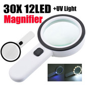30X rankinis didintuvas 12LED akiniai su apšvietimo mikroskopu didinamojo stiklo lęšis senjorams, skaitantiems papuošalus, laikrodžių taisymui
