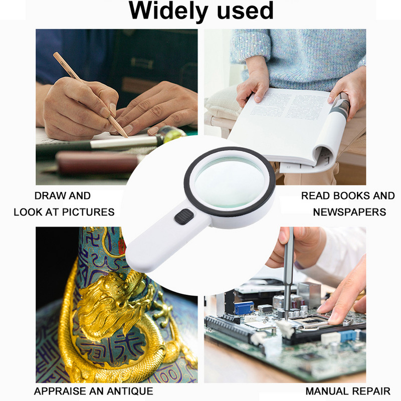 30X rankinis didintuvas 12LED akiniai su apšvietimo mikroskopu didinamojo stiklo lęšis senjorams, skaitantiems papuošalus, laikrodžių taisymui
