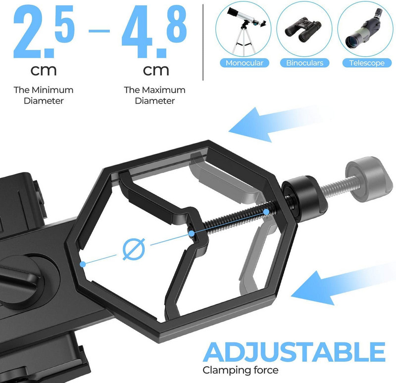 Nastaviteľný univerzálny adaptér pre držiak telefónu, vhodný pre väčšinu telefónov, adaptér pre telefón s teleskopom pre monokulárne aj binokulárne ďalekohľady