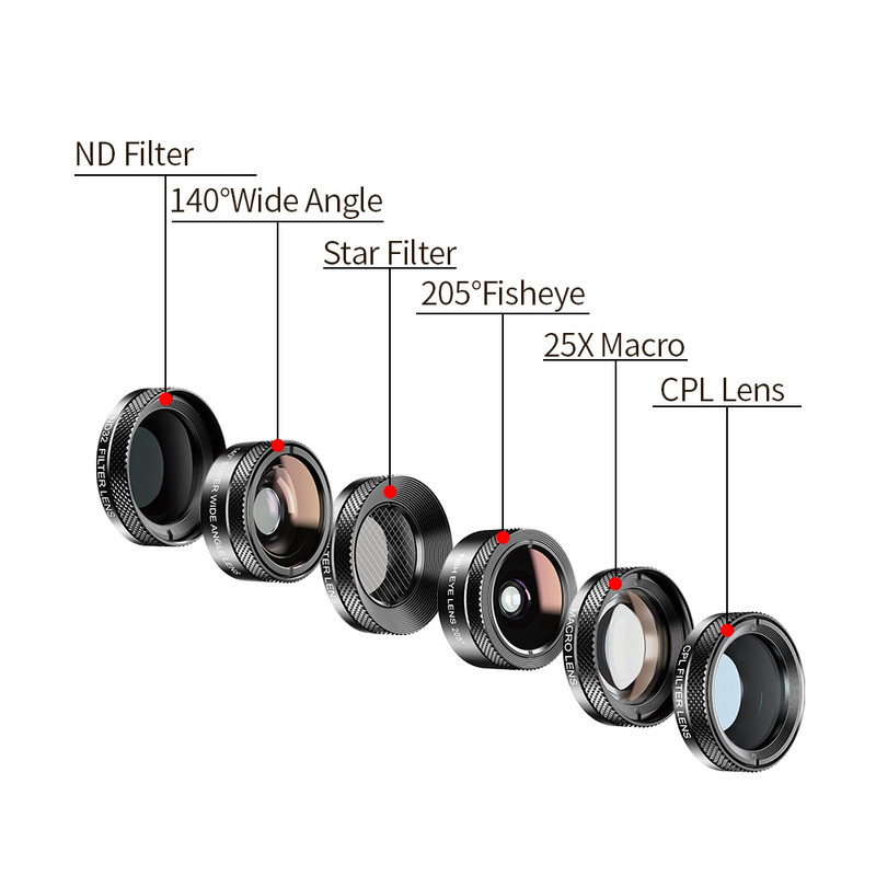 Seturi de lentile profesionale pentru cameră APEXEL 6 în 1 Lentile macro ochi de pește cu unghi larg pentru telefon + filtru CPL pentru smartphone-ul iPhone, Xiaomi, Samsung