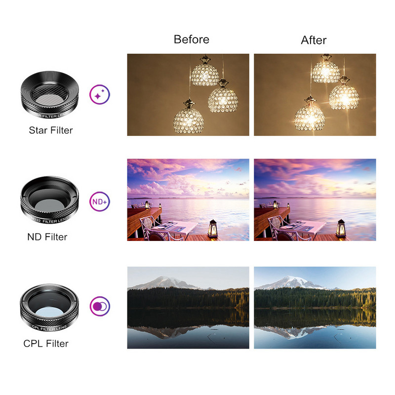 Seturi de lentile profesionale pentru cameră APEXEL 6 în 1 Lentile macro ochi de pește cu unghi larg pentru telefon + filtru CPL pentru smartphone-ul iPhone, Xiaomi, Samsung