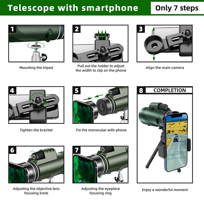 Telescop profesional monocular 80X100 cu trepied pentru telefon Telescop HD cu lumină scăzută pentru observarea păsărilor în aer liber, camping, turism