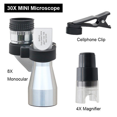 8-násobný vreckový monokulárny ďalekohľad, 30-násobný mini mikroskop s lupou, krytom telefónu, potiahnutým objektívom na pečiatku, pozorovanie vtákov