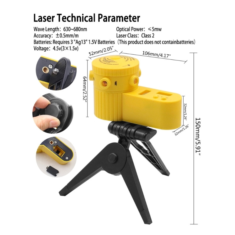 Prenosná vodováha so statívom 4 v 1, meracia čiara/horizontálna/vertikálna/bodová čiara, vlnová dĺžka 630 nm až 680 nm