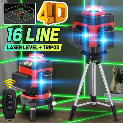 1Komplekt 16 rida Laser Level 4D Roheline Automaatne isetasanduv 360° Pöördmõõt LED-ekraan Horisontaalne vertikaalne ristkaugjuhtimispult