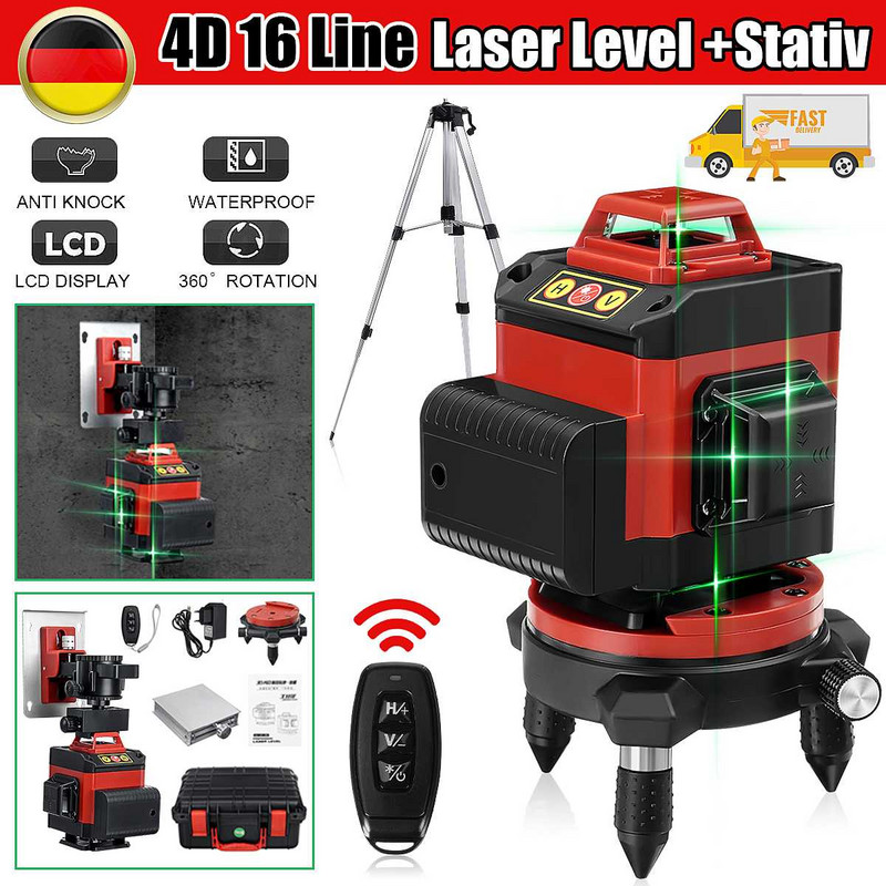 1 rinkinys 16 eilučių lazerinis lygis 4D žalias automatinis savaime išsilyginantis 360° besisukantis matavimo LED ekranas Horizontalus vertikalus kryžminis nuotolinio valdymo pultas