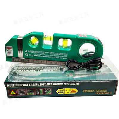 2 rida roheline lasertaseme USB mitmeotstarbeline horisontaalne vertikaalne mõõdulindi joondusjoon mullide joonlaud 300 MAh liitiumaku