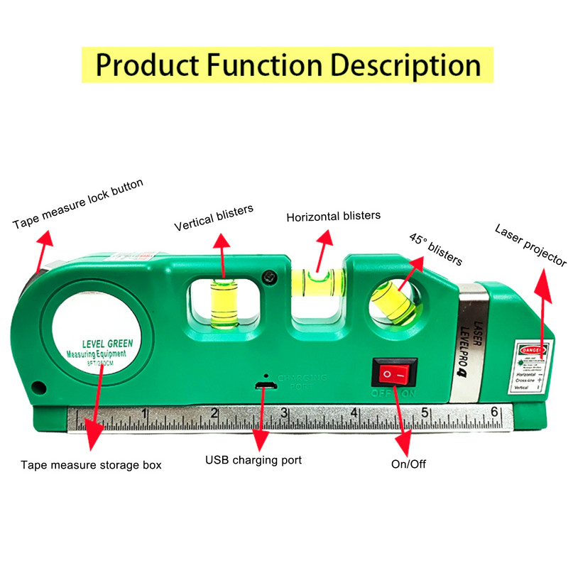 2 rida roheline lasertaseme USB mitmeotstarbeline horisontaalne vertikaalne mõõdulindi joondusjoon mullide joonlaud 300 MAh liitiumaku