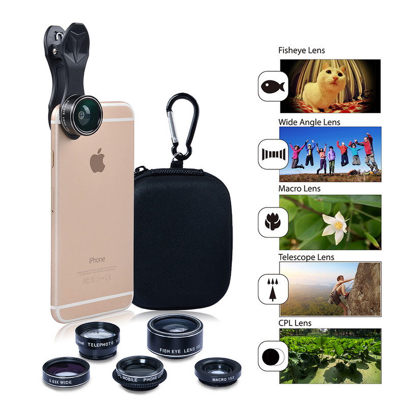 APEXEL 5 u 1 HD objektiv objektiva kamere Fisheye objektiv + 0,63x širokokutni + 15x makro objektiv + 2X telefoto objektiv + CPL objektiv za iPhone Samsung HTC
