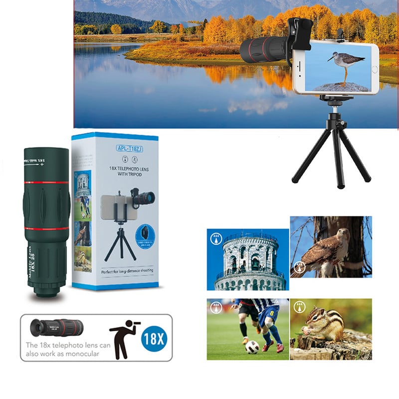 Lentila telescop APEXEL 18X Zoom Telefon Monocular Teleobiectiv mobil cu trepied Clip de telefon pentru toate instrumentele de camping de vanatoare Smartphone