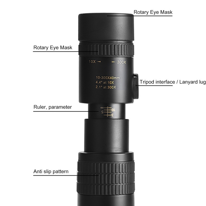 10-300X40 profesionalus monokulinis teleskopas HD Galingas nešiojamasis žiūronai Zoom Aukštos kokybės BAK4-Prism atsparus vandeniui stovyklavimui