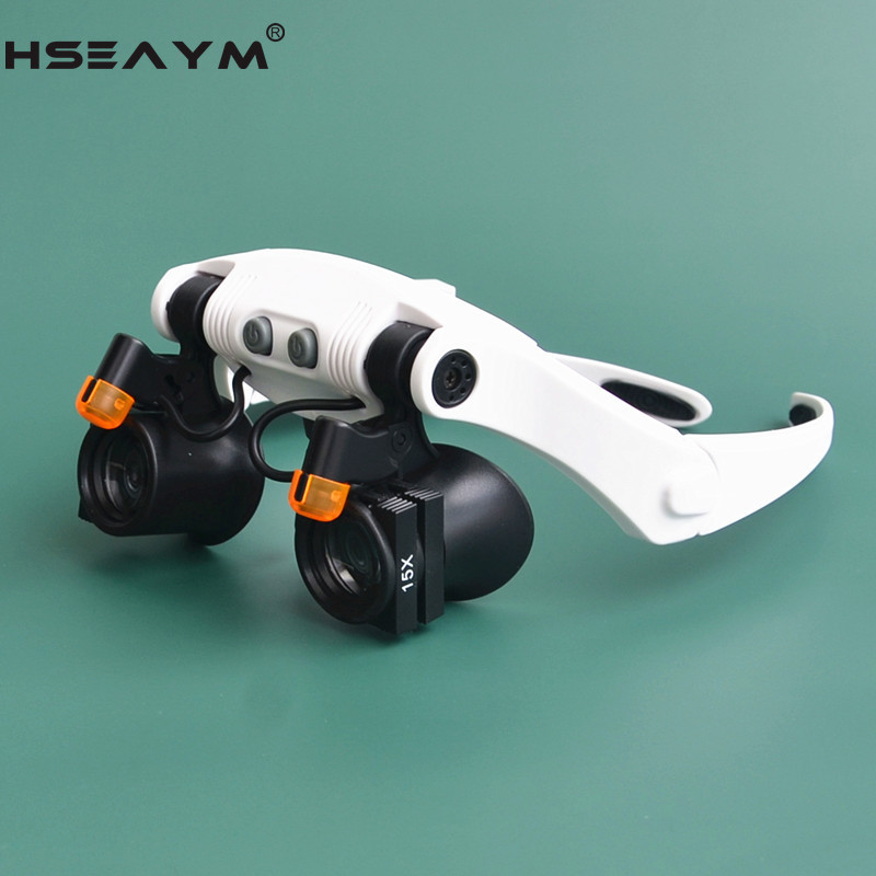 Viselési stílusú nagyító 2 LED-es, cserélhető meleg és hideg fényű lámpaernyővel, precíziós alkatrészek vizsgálatához órajavító nagyítóval