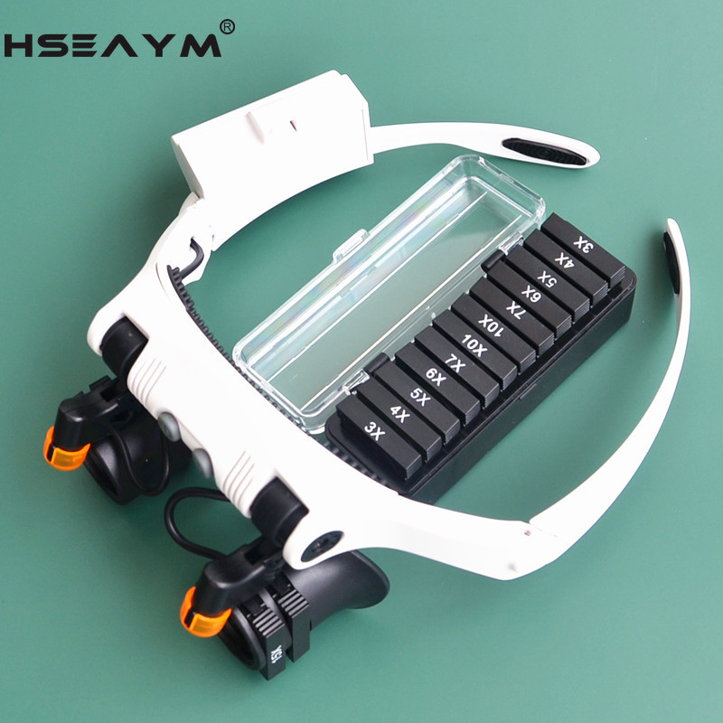 Viselési stílusú nagyító 2 LED-es, cserélhető meleg és hideg fényű lámpaernyővel, precíziós alkatrészek vizsgálatához órajavító nagyítóval